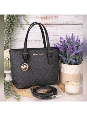 Michael Kors Black Monogram Jet Set Tote Small bag with Gold Accents‎ Crossbody